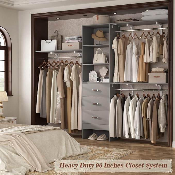 8FT Closet System, 96'' Closet Organizer System with 3 Hanging Rods, Wall Mount Bedroom Wardrobe with 3 Drawers Walk-in Closet, Adjustable Cloth Garment Rack from 5 to 8FT (Cut to Fit), Grey