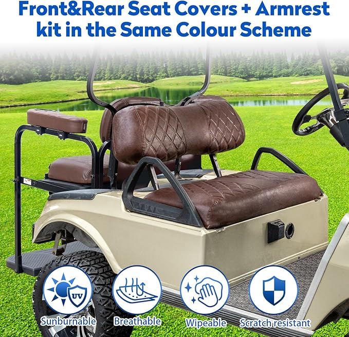 NOKINS Golf Cart Seat Covers for Club Car DS 2000.5-Up, Vinyl Front&Rear Seat Cover with Flip-Up Armrests kit, with Cup Holder, for 1" Square Tube (Brown&Brown 8438)