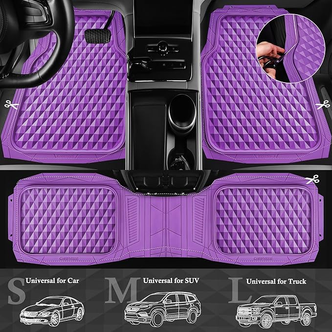 CAR PASS Heavy Duty Rubber Car Mats, Deep Dish All-Weather Floor Mat for Car Full Set Durable Anti-Slip 3D Rhombus Waterproof Trim to Fit Liner Universal Fit Automotive,Sedan,SUV,Truck, 3 Pcs Purple