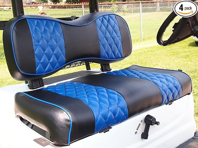 Huskey 4PCS Golf Cart Front/Rear Seat Covers for Club Car Precedent 2004+ G&E Models Custom Two-Tone Black/Blue Diamond Stitching with Blue Piping,Marine Grade Vinyl Material,Staple On Design