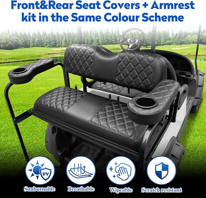 NOKINS Golf Cart Seat Covers for Club Car DS 2000.5-Up,Vinyl Front&Rear Seat Cover with Flip-Up Armrests kit,with Cup Holder, for 1" Square Tube(Black&Black Stitching)