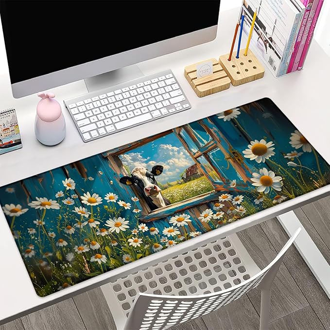 Farmhouse Cow Gaming Mouse Pad Gifts 31.5" x 11.8", Non-Slip Rubber Base MousePads for Computers Laptop School Office Home Accessories Decor, Mouse Pad, Keyboard Desk Mat
