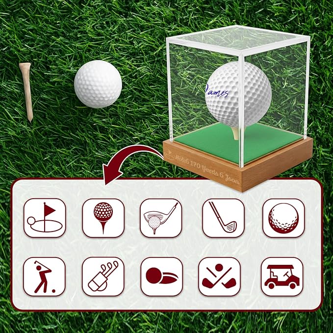 Personalized Golf Ball Display Case for Hole in One - Custom Engraved Golf Ball Memorabilia Display Box with UV Protective Acrylic Cover & Elegant Designs for Golfers Husband Father