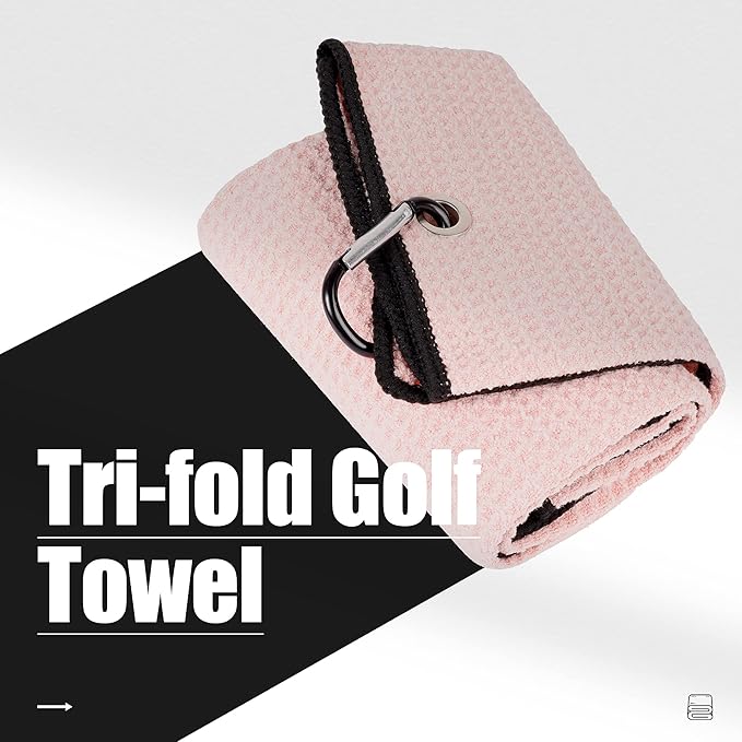 Mile High Life Tri-fold Golf Towel | 16" X 24" | Premium Microfiber Fabric | Waffle Pattern | with Heavy Duty Carabiner Clip | for Men and Women (Pink)