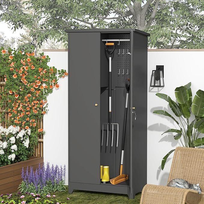 GREATMEET 72.8" Outdoor Broom Storage Cabinet, Metal Storage Cabinets for Cleaning Supplies with Slanted Roof, Utility Closet, Waterproof Outdoor Shed for Broom Mop, Grey