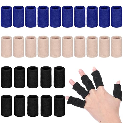 30 Pcs Finger Compression Sleeves, Elastic Fingers Support Protector, Finger Protector for Trigger Fingers Arthritis Swelling Basketball Sport, Breathable Elastic Pain Relief (Black, Blue, Beige)
