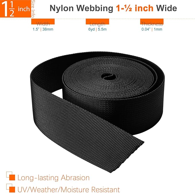 1-1/2" Straps and Buckles Set: 6 yard Nylon Webbing 1.5 inch (38 mm) Wide, 4 pack Side Release Buckle, 8 pcs Tri-Glide Sliders, Plastic Clip Fasteners Replacement Heavy Duty Dual Adjustable No Sew