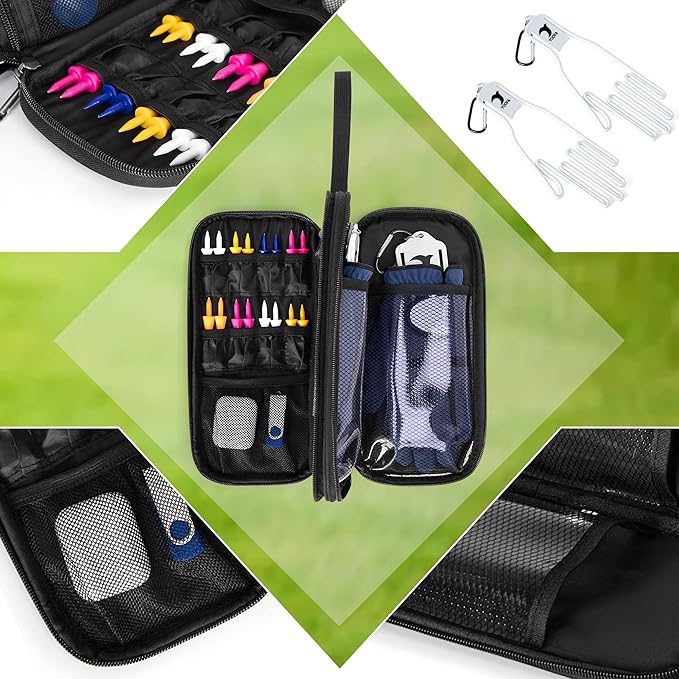 Golf Glove Holder, Golf Glove Case with A Pair of Golf Gloves Stretcher with Hook, Protective Golf Accessory Case for Tees, Ball Markers, Phone and Golf Essentials, Black