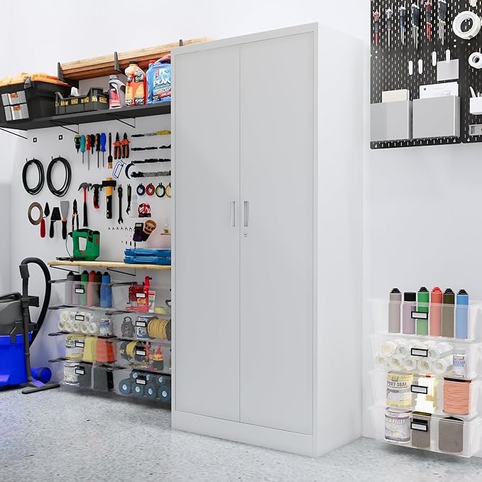 CJF Metal Storage Cabinet, 72" H Locking Storage Cabinet with Adjustable Shelves, Steel Cabinets for Garage, Office, Home, School-White