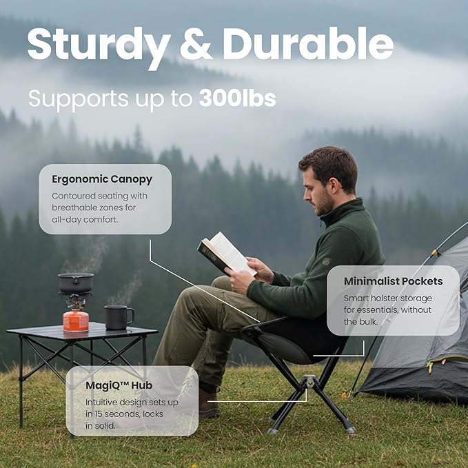 CLIQ ClassiQ 2.0 Camping Chair – Compact & Portable Folding Chair for Outdoors – Reinforced 400 lb Capacity – Quick-Setup Travel Chair for Camping, Beach, Tailgating & Hiking - Grey