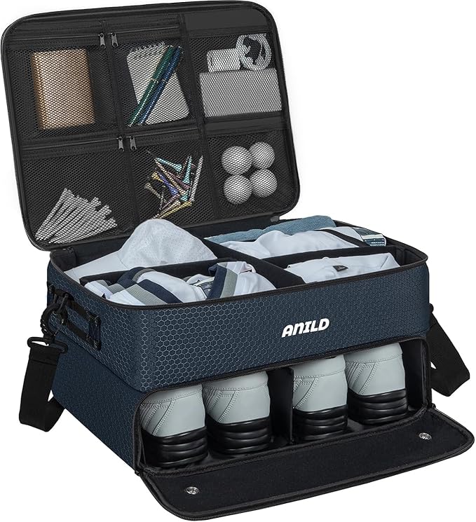 ANILD Golf Trunk Organizer, 2 Layer Golf Storage Case with Separate Ventilated Compartment for 2 Pair Shoes, for Balls, Tees, Clothes, Gloves, Accessories, Golfer Gifts