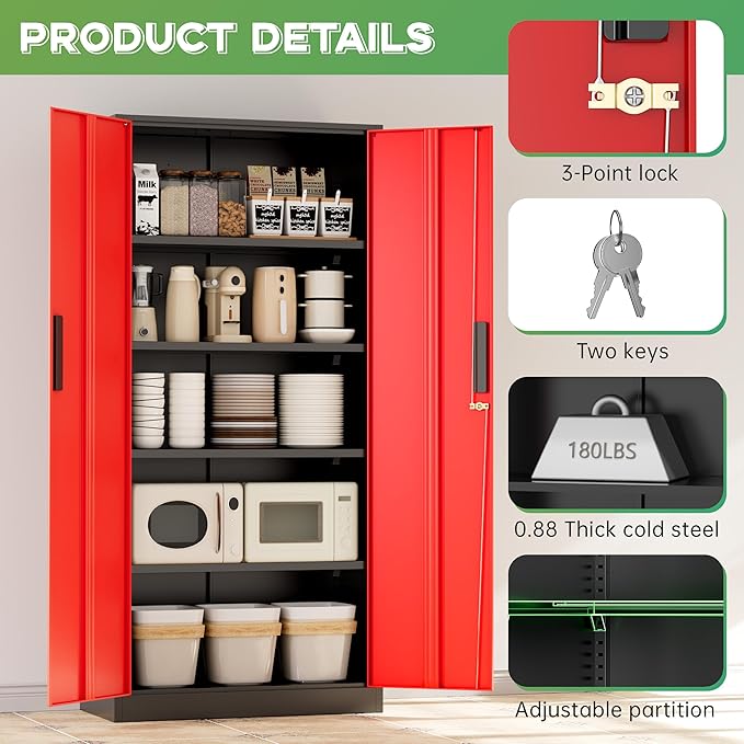 INTERGREAT Metal Storage Cabinet with Lock, 63" H Metal Cabinets Storage with 2 Doors and 4 Adjustable Shelves, Locking Garage Cabinet for Home Office, Kitchen, Bathroom (Black Red)