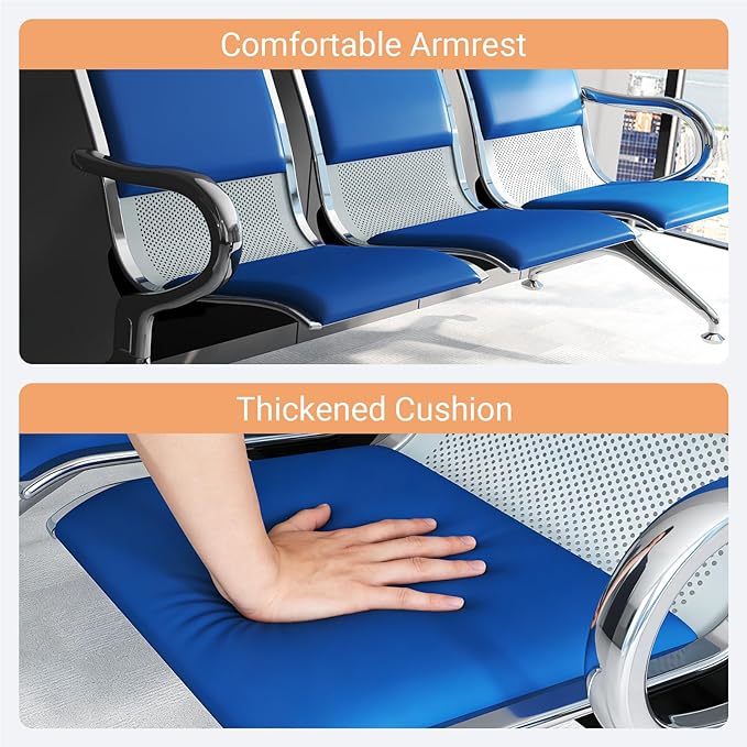 Kinfant 6-Seat Waiting Room Chairs with Arms – Heavy-Duty Steel Frame PU Leather Back & Cushioned Seat, Ergonomic Office Reception Guest Chair for Lobby, Clinic, Airport, Blue