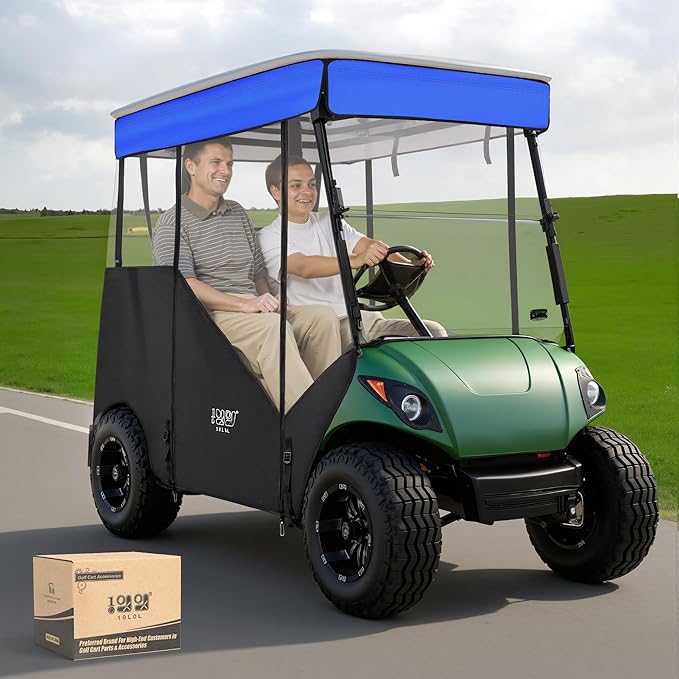 10L0L 3-Sided Track Style Golf Cart Enclosure fit 2 Passenger Yamaha G29 Drive,Waterproof 600D Oxford Cloth Yamaha Rain Cover with Aluminum Pre-Drilled Track,Clear PVC Windshield-Blue Valance
