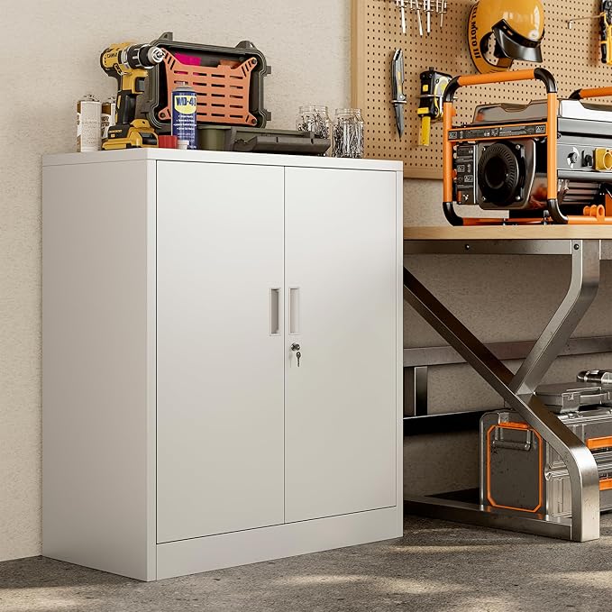 BESFUR Metal Storage Cabinet 36"H, Steel Garage Storage Cabinet with 2 Lockable Doors and 2 Adjustable Shelves, Garage Cabinet for Home Office, Garage,School, Apartment, Warehouse, Utility Room,White