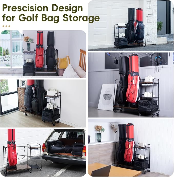 Golf Bag Storage Organizer for Garage, Large Size Adjustable Golf Bag Rack Stand with Wheels & Feet for 2 Bags, Golf Trunk Organizer, Golf Equipments Accessories, Golf Gift for Men Golfer