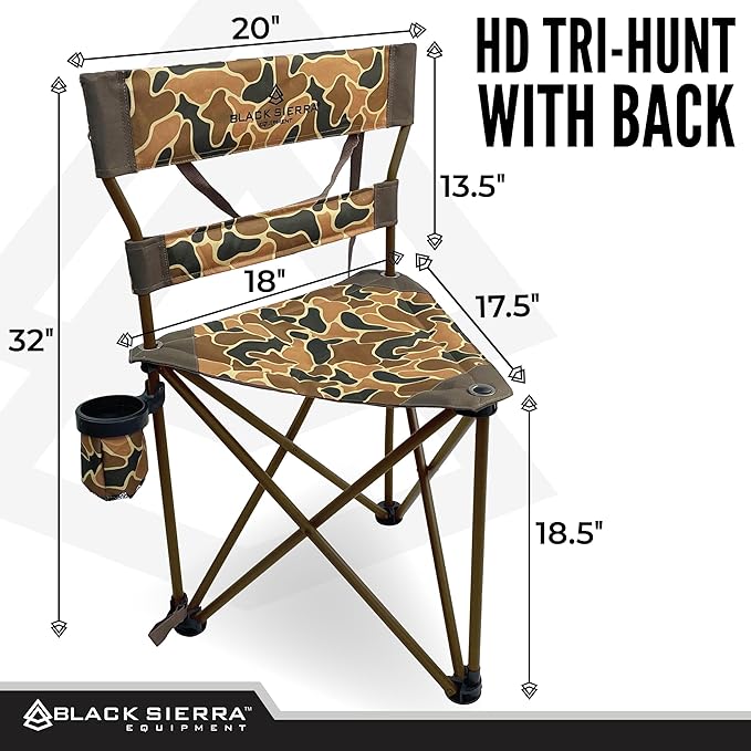 Black Sierra HD Tri-Hunt with Back Hunting Stool, Foldable Tripod Seat w/Steel Frame Supports 300-lb, Heavy Duty Fishing Chair Features Cup-Holder & Carry Shoulder Strap, for Camping