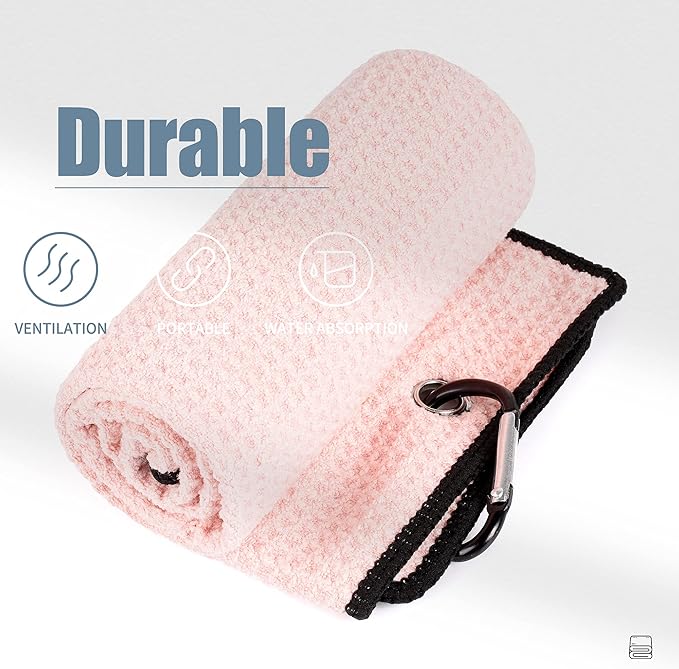 Mile High Life Microfiber Golf Towel, 21" X 24", Waffle Pattern w Clip, Super Absorbent Tri-fold Large Towels, Golf Bag Accessories for Men & Women（Pink）