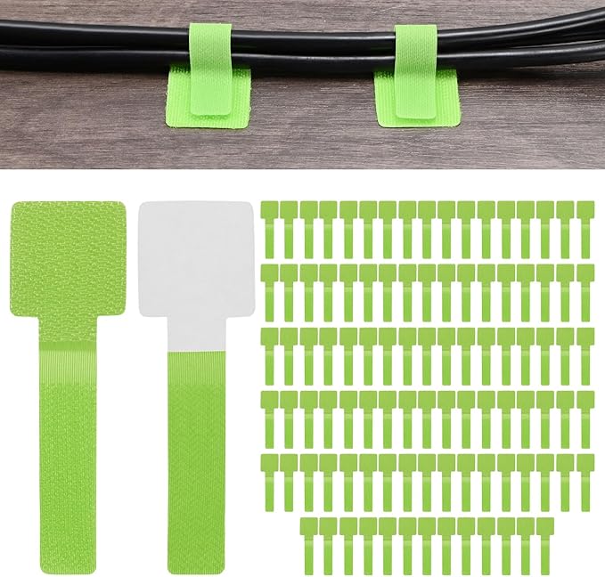 100-Pack Hook and Loop Cable Ties, 3.5 x 1.1 Inch Adjustable Self-Adhesive Cord Organizer for Desk/Home/Wall/Office Essentials, Cable Management Under Desk [Green]