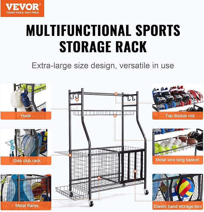 VEVOR Golf Bag Organizer, Golf Bag Storage Rack Stand Holder, Sports Equipment Storage Rack, Golf Storage Organizer for Garage, Sports Gear, Toys Storage Rack Hooks