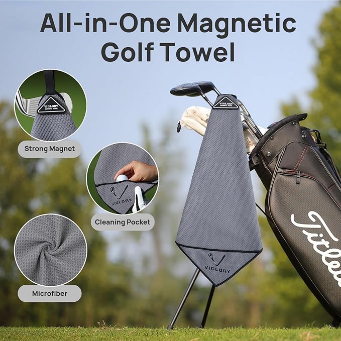 Magnetic Golf Towel for Bag 18" x 18" with Clip Exclusive Cleaning Pocket Microfiber Waffle Ultra Absorbent Club Ball Cleaner Essential Golf Accessories and Gifts for Men Women(Grey 1 Pack)