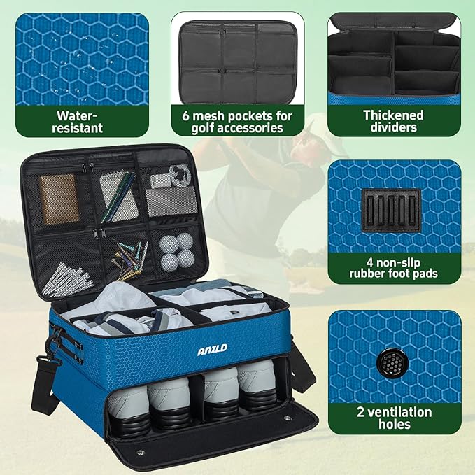 ANILD Golf Trunk Organizer, 2 Layer Golf Storage Case with Separate Ventilated Compartment for 2 Pair Shoes, for Balls, Tees, Clothes, Gloves, Accessories, Golfer Gifts