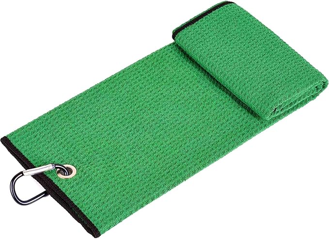 Golf Towels, Microfiber Waffle Pattern Tri-fold Golf Towel - Brush Tool Kit with Club Groove Cleaner, with Clip Men Women Golf Gifts (Green Towel+Black Brush)