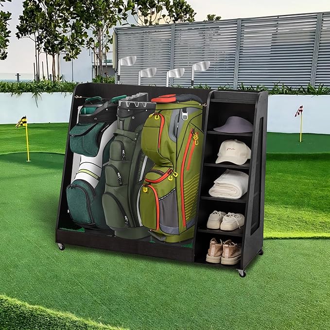 Golf Bag Organizer Storage Rack Stand Holder Fits Extra Large Golf Club Bags and Multiple Golfing Equipment Accessories for Garage Home Simulator and Office