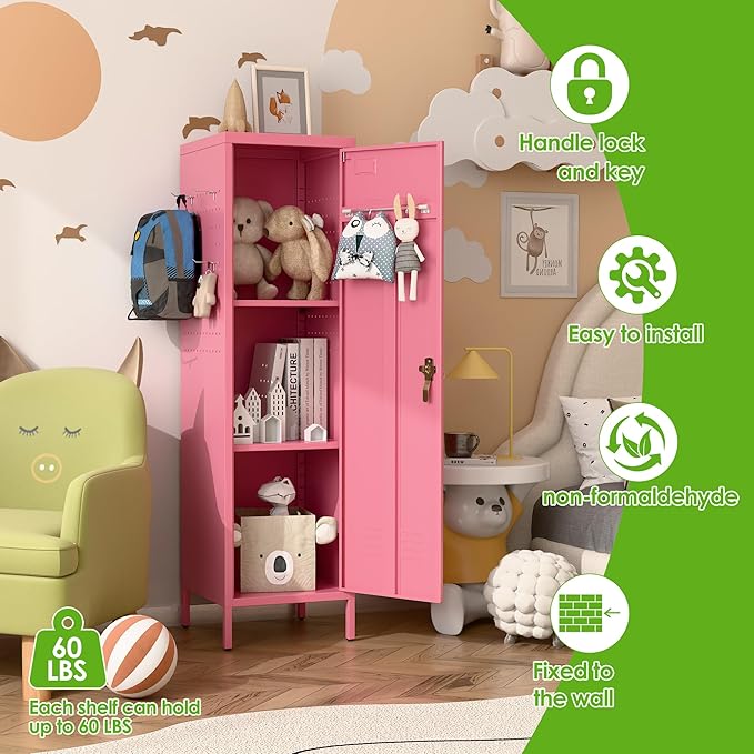 Aobabo 54" H Pink Metal Lockers, Storage Locker Cabinet with Lockable 1 Door and Towel Rack and 2 Side Pegboards with Hooks for Home School Office, Assembly Required