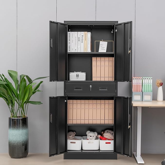 CJF Metal Storage Cabinet, 71" H Locking Storage Cabinet with Drawer and Adjustable Shelves, Steel Cabinets for Garage, Home Office, Kitchen (Black)