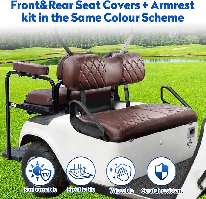 NOKINS Golf Cart Seat Covers for EZGO TXT 1994-2013/EZGO RXV, Vinyl Front&Rear Seat Cover with Flip-Up Armrests kit, with Cup Holder, for 1" Square Tube (Brown&Brown 8438)