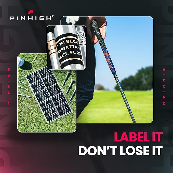 PIN HIGH Personalized Golf Club ID Labels | Weatherproof, Fade Resistant, Laminated Thermal Transfer Labels, Made in The USA, (Free Customization & Shipping), Set of 20, Gold