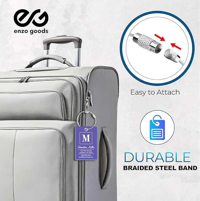 Personalized Luggage Tag | 4 Pack | Custom Luggage Tags for Suitcases | Kids Backpack Tag | 10 Color Options & Choose Font, Font Color