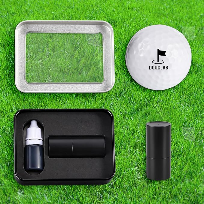 Golf Ball Stamp Personalized Marker - Premium Metal Custom Golf Ball Stamp - Quick-Dry Ink Monogram Identifier - Unique Golfing Accessories Gifts for Men Dad (Black + Black Ink + Iron Box)