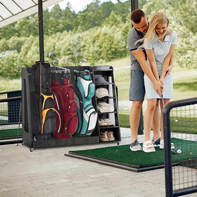 Golf Bag Organizer Storage Rack Stand Holder Fits Extra Large Golf Club Bags and Multiple Golfing Equipment Accessories for Garage Home Simulator and Office