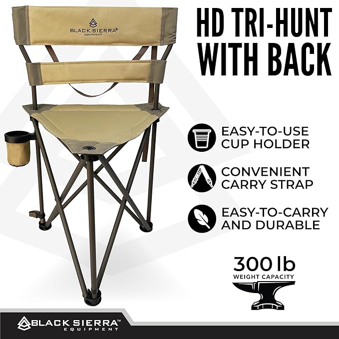 Black Sierra XL Tripod Hunting Stool, Foldable Tripod Seat w/Steel Frame Supports 300 Lbs, Heavy Duty Fishing Chair Features Cup-Holder & Carry Shoulder Strap, for Camping, Hiking, Fishing