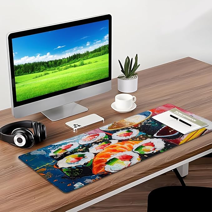 Vibrant Sushi Gaming Mouse Pad, Desk Mat, Non-Slip Rubber Base Cool Aesthetic MousePads for Computer Laptop Keyboard Office School Home Desktop Accessories Decor 31.5" x 11.8"