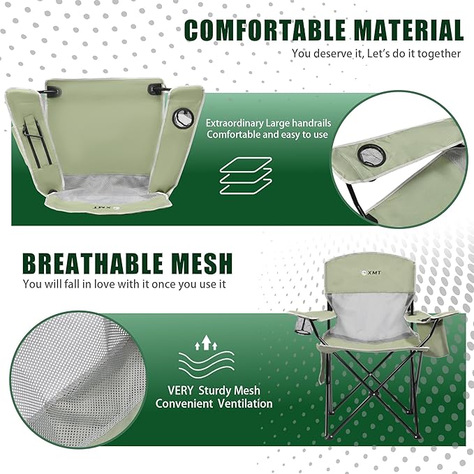 Portable Outdoor Folding Chair with Cup Holder & Cooler Bag - Breathable Mesh, Wide Armrests, Ergonomic Design for Camping, Beach, Backyard - Includes Storage Bag & Bottle Opener (Black/Green/Red)
