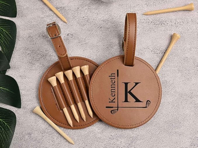 CFuniq® Engraved Leather Golf Bag Tag Gift with Golf Tees, Personalized Golf Tee Holder, Custom Golf Accessories, Groomsmen Gifts, Golf Gift for Men Women