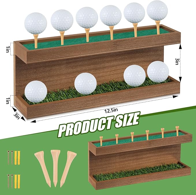 Menkxi Rustic Wood Golf Ball Holder 12.5 x 3 Inch Wall Mounted Vintage Display Stand Floating Shelf with Golf Tees for Christmas Storage Party Decor Supplies