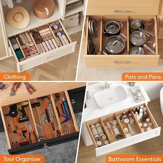 Lifewit 8 Pack 6" Deep Bamboo Drawer Dividers, 17.5-22" Expandable Drawer Organisers for Clothes, Adjustable Dresser Drawer Divider, Clothing Drawers Separators for Dresser, Bedroom, Bathroom, Office