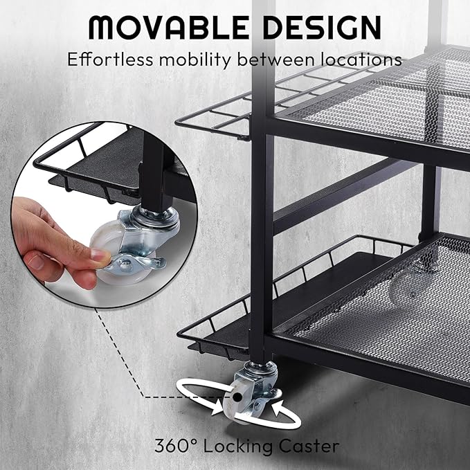 A11N SPORTS Golf Bag Stand for Garage with 4 Hooks & Club Holder, Golf Organizer for 2 Bags, Rolling Storage Rack with Wheels, Heavy-Duty All-Metal Frame