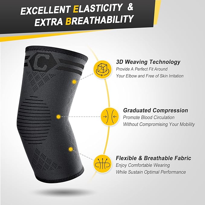CAMBIVO 2 Pack Elbow Brace for Tendonitis, Tennis Elbow Compression Support Sleeve for Golfers Elbow Pain Relief, Arthritis, Bursitis, Workout, Weightlifting (Black-Grey,Medium