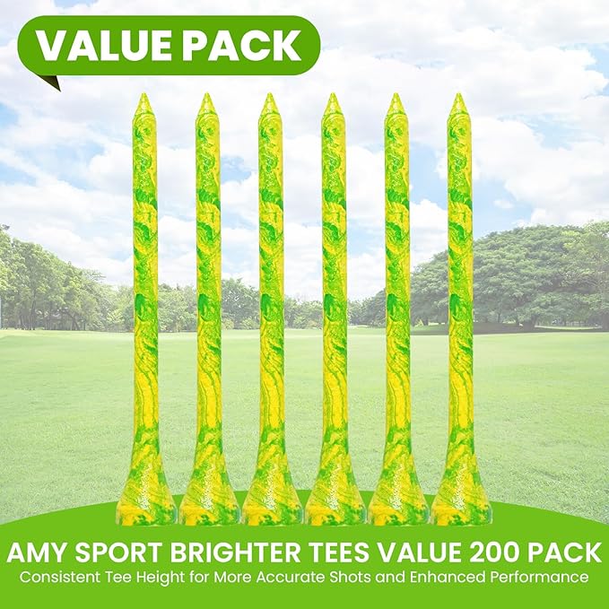 Amy Sport Golf Tees Styllish Bamboo Wooden Coloured Painted Bulk 200 Pack 1 1/2 3 1/4 2 3/4 Inch Tee, Enhanced Visibility Color Purple Pink Green Blue, Practice for Men Women