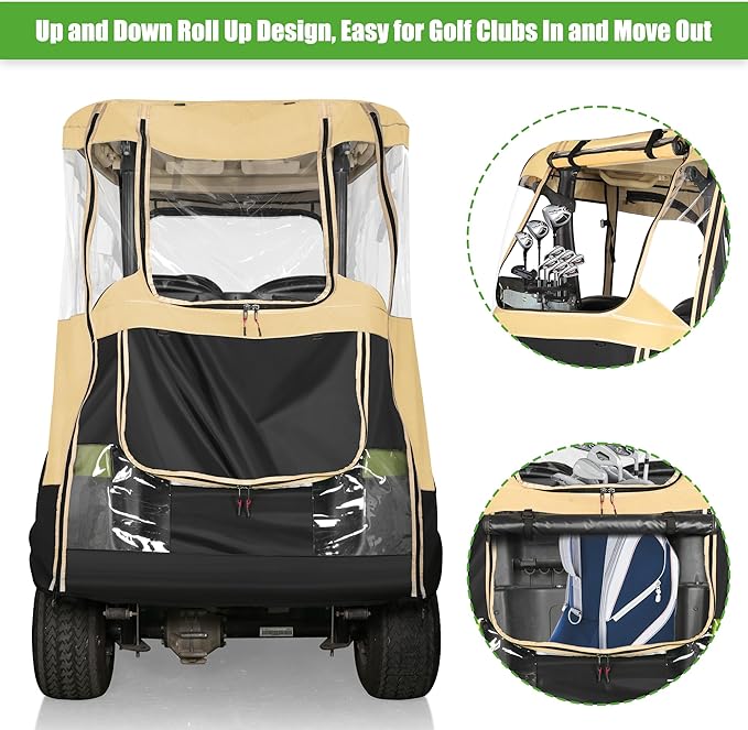 10L0L Golf Cart Driving Enclosure for 2 Passenger Club Car Precedent, Onward & Tempo, 600D Deluxe Heavy Duty Oxford Cloth Waterproof Windproof Golf Cart Rain Cover (Beige/Transparent)