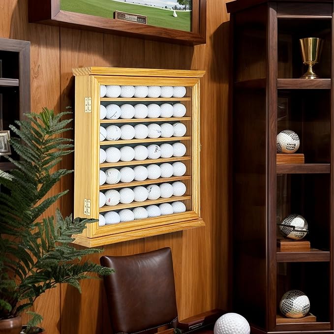49 Golf Ball Display Case | Solid Wood Cabinet with 98% UV Protection | Lockable Glass Door for Golf Enthusiasts