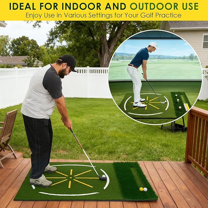 Golf Mat with Dual Turf, 5x4ft Thickened Golf Hitting Mat with Standing Guide-Line & Swing Path Line, Practice Mats for Indoor or Outdoor Use, Gifts for Men Dad & Golfers
