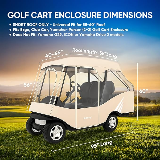 Rosefray Golf Cart Enclosure, 2+2 Drivable Rain Cover, Short Roof 58" - EZGO, Club Car - Durable Door Zipper - 4 Seater Golf Cart Cover Glowing at Night