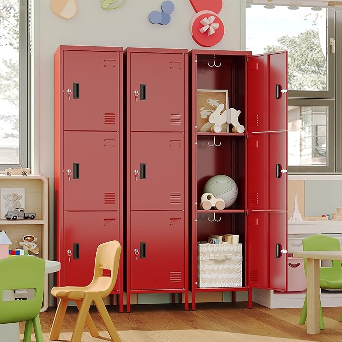 Aobabo 16" W 3 Door Metal Storage Locker with Lock, 66" H Steel Locker with Name Card Holder and Metal Hook for School, Home, Office, Playroom, Assembly Required, Red