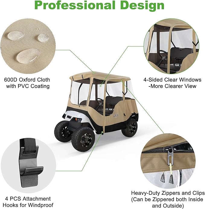 10L0L 2/4 Passenger Golf Cart Driving Enclosure for EZGO TXT/RXV Model, 4-Sided Clear Window 600D Rain Cover All Weather Windproof Waterproof - Black/Beige